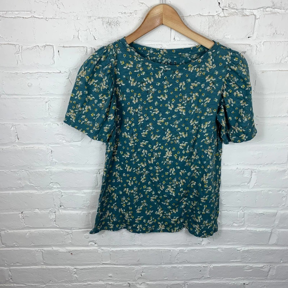 Loft Womens Floral Knitted Cropped Top Short Sleeves Boat Neck Green Size XS